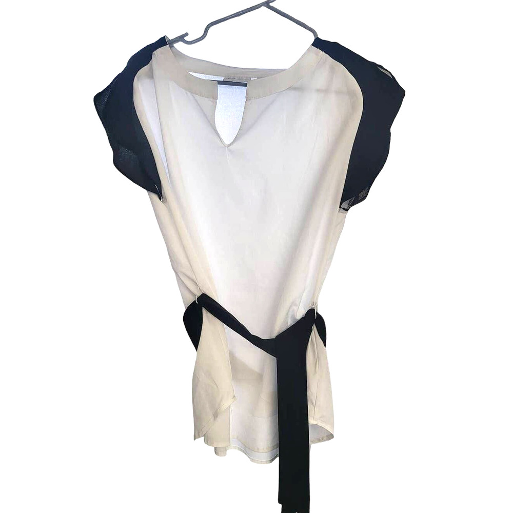 New York & Co. White Split Neck Blouse with Black Cuffed Sleeves & tie - Small